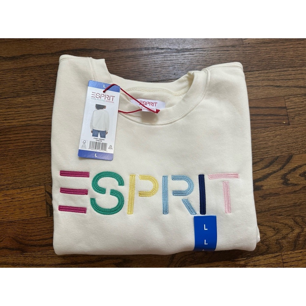 NEW ESPRIT Women's L Retro Logo Fleece Crew Sweatshirt Cream Viral 80's Costco - Picture 4 of 6